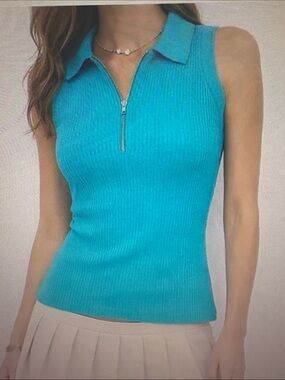 Boston Proper Sleeveless Ribbed Polo Tank Top - Turquoise